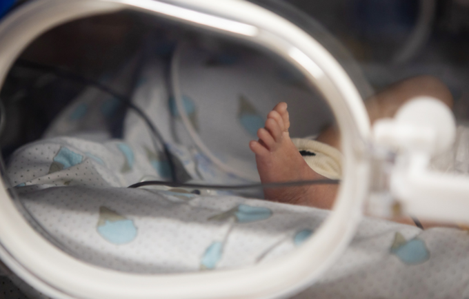 A newborn, placed in the incubator, provided by UNFPA, the United Nations Population Fund.